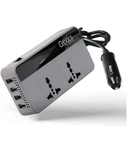 Ceptics 200W Car Laptop Charger/Power Inverter with Digital Display and SmartVoltage™ Technology - 12V DC to 220V AC, 9.6A Quad USB with QC3.0-2X Universal AC Outlet – Grey Color - 18 Months Warranty