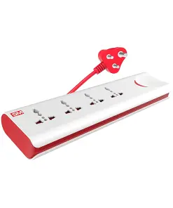 Power Strip Red & White Color 240 Volts with Master Switch, Indicator, Safety Shutter & 4 International sockets, Extension Cord for Home Appliances