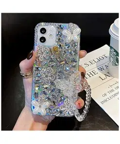Crystal Rhinestone Butterfly Charm Pendant Wristband Strap Laser Case Cover For iPhone 12