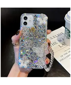 Crystal Rhinestone Butterfly Charm Pendant Wristband Strap Laser Case Cover For iPhone 12