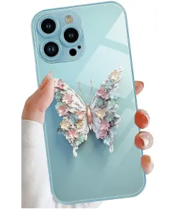 Flat Butterfly Pattern Glass Cover Compatible With iPhone 14 Pro Max Case Full Camera Protection-Green