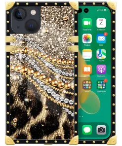 Cvkoyhl Compatible With iPhone 13 Square Phone Case Diamond Necklace Leopard Print Luxury TPU Corner Shockproof Protection Cover