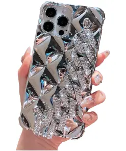 Hand Strap, 3D Glitter Sparkle Diamond Crystal Wrist Bracket Airbags Bumper Shockproof Protective Cover Case-Silver