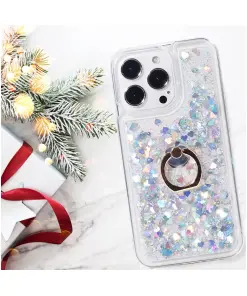 Ring Holder Kickstand Soft TPU Rubber Bumper Bling Cute Liquid Holiday Case (Silver)