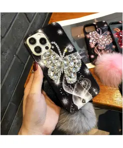 Luxury Crystal Butterfly With Plush Fuzzy Furry Ball Phone Case-Black
