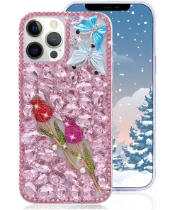 Guppy For iPhone 12 Pro Max Rose Sparkly Rhinestone Pearl Crystal Protective Cover-Pink