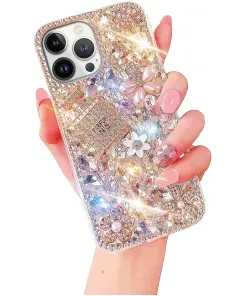 Cavdycidy Designer For iPhone 14 Pro Max Bling Case With Rhinestone 3D (Silver)