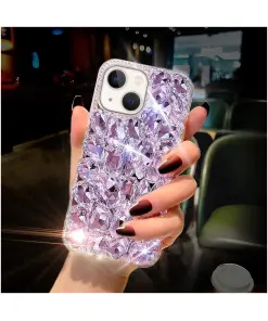 Cavdycidy For iPhone 13 Case Very Shiny Luxury Diamond Gems On Hard Reflective PC Back Cover (Purple）