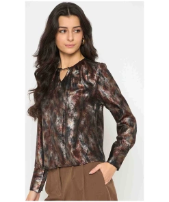 Buckled Neckline Tie Dye Black Satin Top For Women