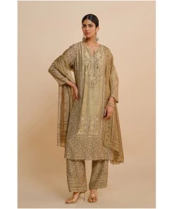 Traditional Rimaza Sage Silk Suit Set with Modern Silhouette