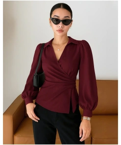 V Neck Top Wrap Front With Lantern Sleeve in Cherry Red