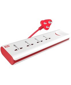 Power Strip Red & White Color 240 Volts with Master Switch, Indicator, Safety Shutter & 4 International sockets, Extension Cord for Home Appliances