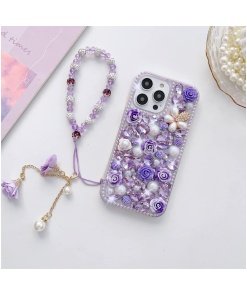 Cute Luxury 3D Crystal Rhinestone Flowers Diamond Pearl With Lanyard Wrist Strap Case Cover For iPhone 14 Pro Max