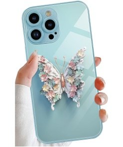 Flat Butterfly Pattern Glass Cover Compatible With iPhone 14 Pro Max Case Full Camera Protection-Green