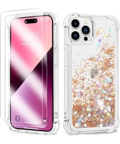 Liquid Glitter Case With Two Screen Protectors Case Clear Gold For iPhone 14 Pro Max