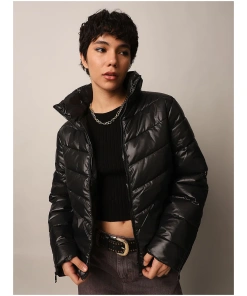 Trendy Black Zip-Up Short Puffer for Women