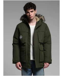 Green Fur Hooded Parka Jacket for Men Outdoor and Casual Wear