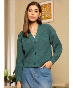 Green V-Neck Drop-Shoulder Sleeves Front Button-Up Acrylic Straight Hem Knitted Regular