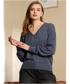 Women Solid Grey V-Neck Drop-Shoulder Sleeves Acrylic Straight Hem Knitted Regular Sweater
