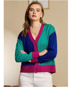 Women Colourblocked Pink, Green, & Blue V-Neck Drop-Shoulder Sleeves Front Button-Up Straight Hem Knitted Regular Cardigan