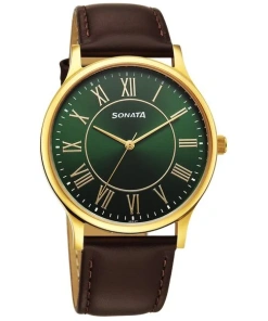 Green Dial Brown Leather Strap Watch For Men