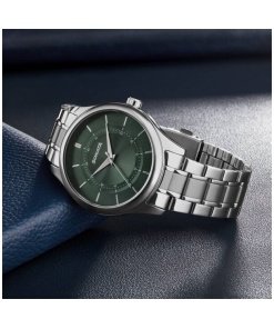 Green Dial Silver Stainless Steel Strap Watch For Men