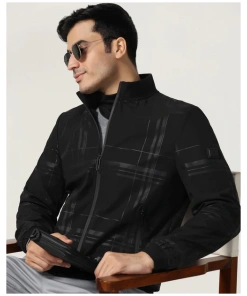Men Stylish Black Bomber Jacket with Zipper and Print