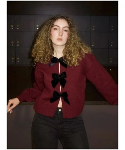 Red Topaz Bow Detail Oversized Cardigan for Women
