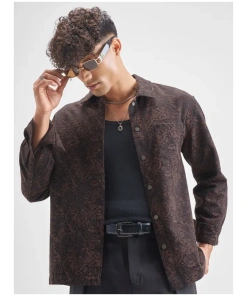 Men Brown Self Design Relaxed Fit Casual Shirt
