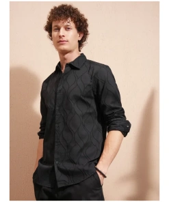 Men Black Self Design Slim Fit Casual Shirt