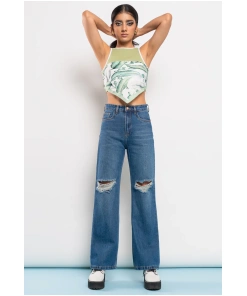 Blue Ripped Women's Wide Jeans