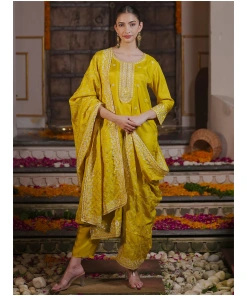 Festive Wear Yellow Embroidered Kurta with Dupatta and Trouser Set