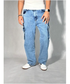 Blue Stone Wash Baggy Fit Cargo Mens Jeans with Utility Pockets and Relaxed Style
