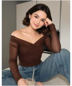 Coco Brown Ruched Long Sleeve Wrap Top for Women