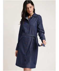 Navy Blue Denim Button-Down Shirt Dress for Women