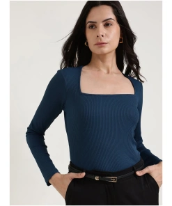Navy Blue Square Neck Fitted Top for Women