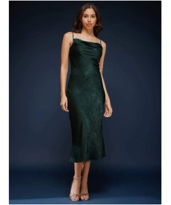 Olive Satin Cowl Neck Slip Dress for Women