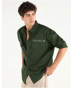 Men's Dark Green Mission Force Batch Printed Oversized Cargo Shirt