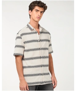 Men’s Off White Textured Oversized Casual Shirt