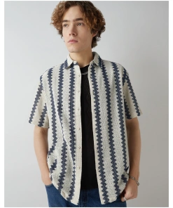 Men’s Off White & Blue Textured Oversized Casual Shirt