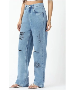 Light Blue Washed Straight Fit Distressed Jeans