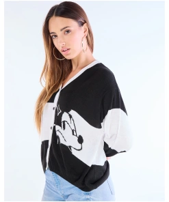 Women's White & Black Mickey Color Block Oversized Sweater